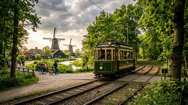 Ride the Historic Vintage Tram Loop 5 Vintage heritage tram gliding through a green landscape in the Netherlands Open Air Museum.