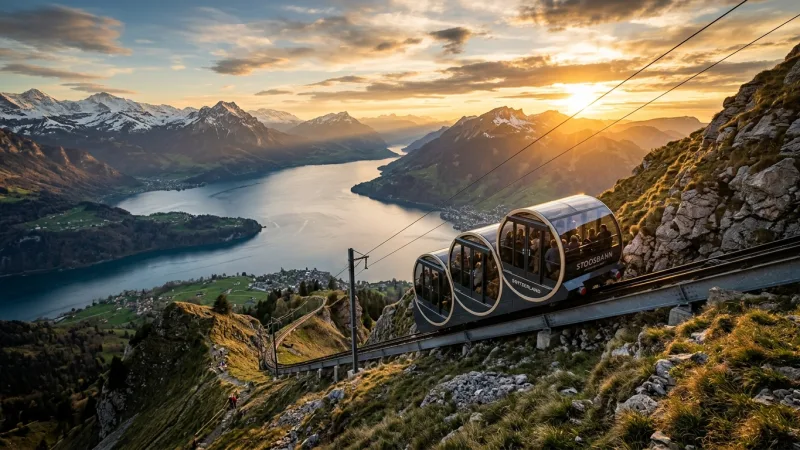 Ride the Stoos Funicular to Fronalpstock 1 Steep funicular train ascending a mountain near Lake Lucerne in Switzerland