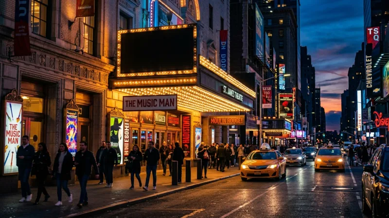 Secure Broadway Tickets via Digital Lotteries and Rush Lines 3 Illuminated marquee of a Broadway theater in New York City during the evening