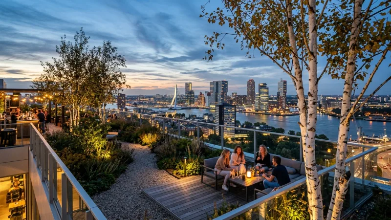Secure Depot Timed Entry Early 3 Rooftop terrace with birch trees illuminated against the Rotterdam city skyline at dusk.