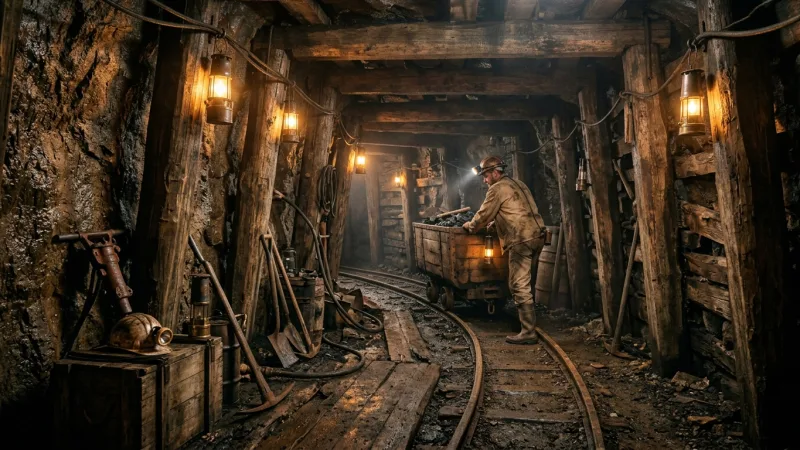 Secure Your Underground Mine Tour Ticket Immediately Upon Entry 4 Atmospheric underground mine replica with vintage timber beam supports and mining carts.