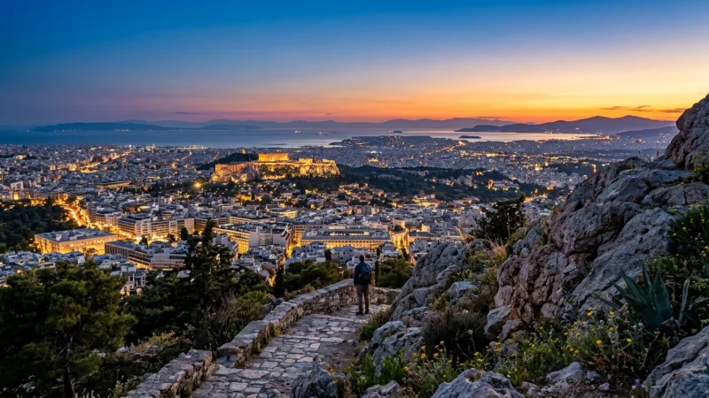 Skip the Crowded Chapel Terrace 3 View from the rocky slopes of Mount Lycabettus looking across Athens toward the illuminated Acropolis at dusk.