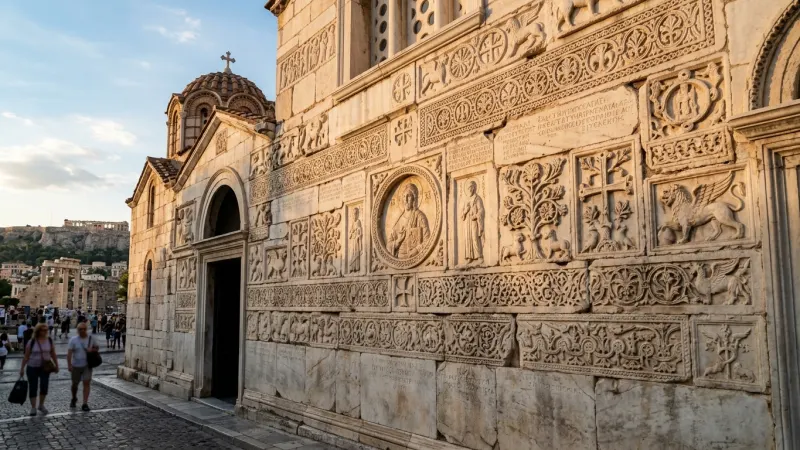 Detailed ancient marble relief carvings on the exterior wall of the Little Mitropoli church.