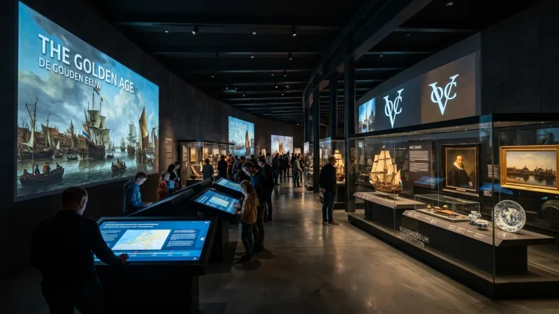 Start at the Canon of Dutch History Pavilion 4 Modern interactive museum exhibition space showing multimedia displays of Dutch history.