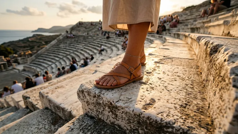 Strictly Observe the Footwear Ban 3 A visitor wearing flat leather sandals walking across ancient marble stairs in a Roman amphitheater.