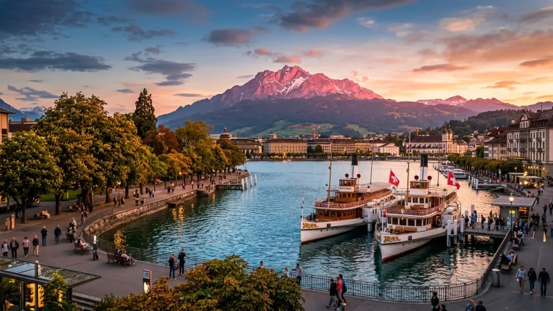 Historic paddle steamer docked along Lake Lucerne Promenade at sunset with mountains in the background.