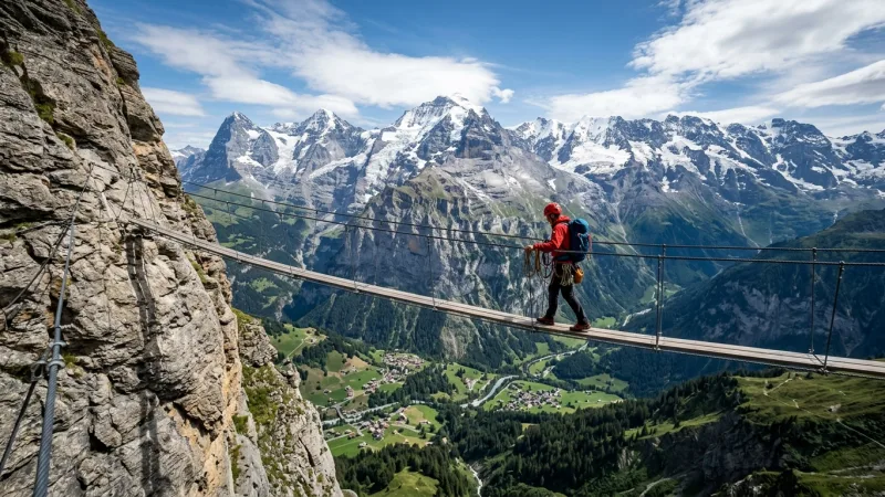 Tackle the Thrilling Mürren Via Ferrata 1 A hiker crossing a suspension bridge on the Mürren Via Ferrata with dramatic alpine cliffs in the background.