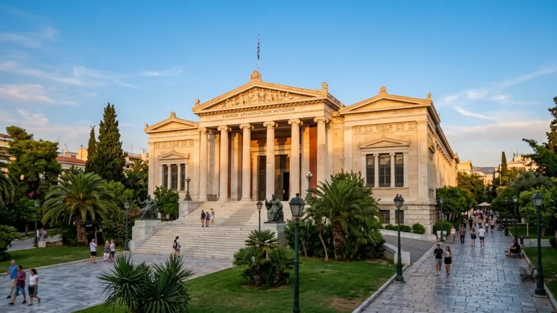 Take Advantage of Seasonal Discounts and Free Days 3 Neoclassical exterior facade of the National Archaeological Museum of Athens with stately columns and front gardens.