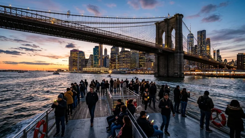 Take the NYC Ferry for Budget Skyline Views 5 A modern ferry boat cruising past the Brooklyn Bridge toward the Manhattan skyline at dusk