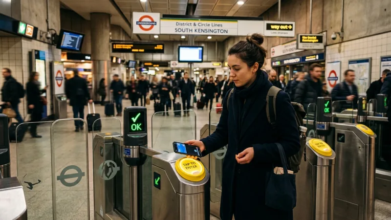 Tap In with Contactless Pay 14 Close-up of a person tapping a smartphone on a yellow card reader at a train station turnstile.