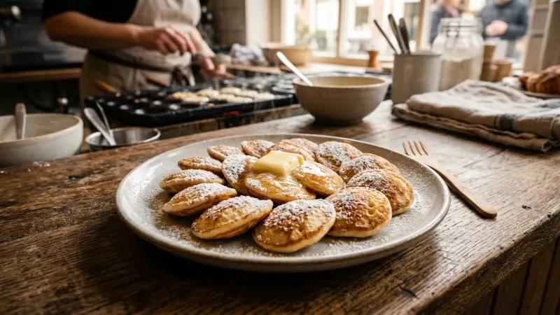 Taste Heritage Treats at the Historic Bakery and Brewery 3 Plate of hot Dutch poffertjes dusted with powdered sugar and melting butter inside a historic bakery.