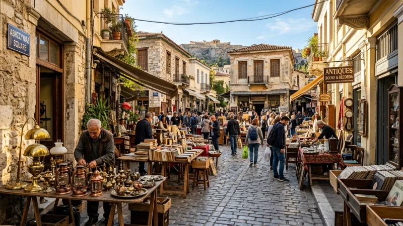 Time Your Sunday Visit Right 6 Vendors setting up vintage items at Avissinias Square antique market in Athens during morning light.