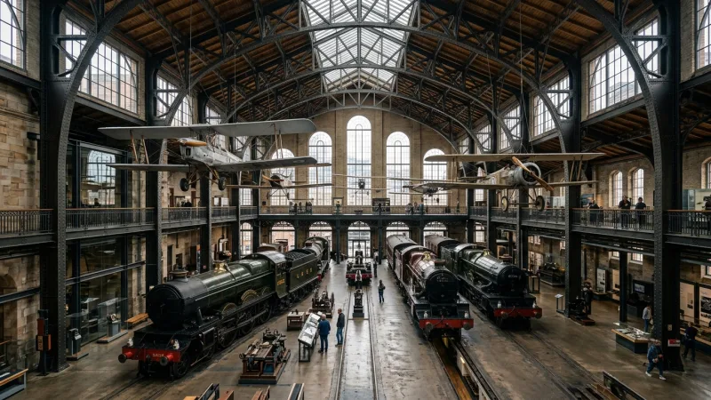 Time Your Visit Around School Groups 3 Multi-story grand transport hall displaying vintage steam engines, classic cars, and suspended historical aircraft.