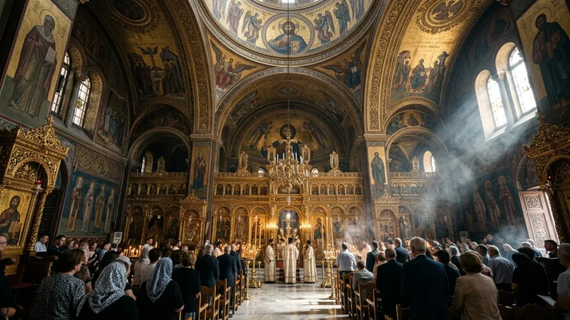 Time Your Visit for Quiet Reflection or Divine Chants 1 Interior view of the Metropolitan Cathedral of Athens showing the golden iconostasis and high vaulted ceiling.
