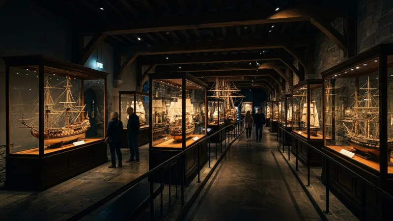 Time Your Visit to Skip School Groups 1 Dimly lit museum exhibition gallery featuring intricate historical boat models behind glass.