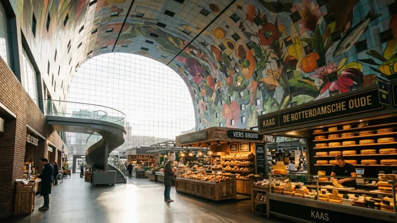 Timing Your Visit for Fresh Bites Without the Queue 1 Peaceful morning scene inside Markthal market hall with neatly arrayed food stalls and soft light.