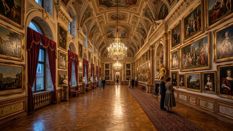 Unlock the Prince William V Gallery 3 Interior view of an opulent historic museum room with paintings packed wall-to-wall in classic salon style.