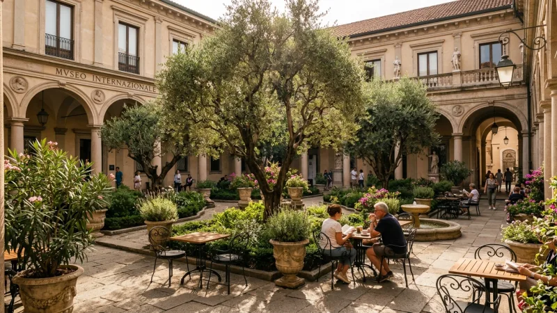 Unwind in the Hidden Atrium Garden Cafe 1 A peaceful open-air garden cafe inside a museum courtyard surrounded by green plants, olive trees, and stone walls.