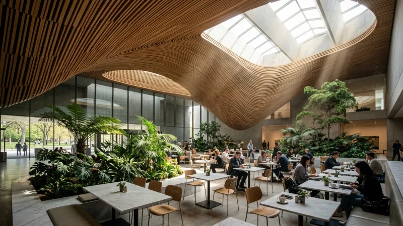 Unwind in the Sunlit Cycladic Café 1 Bright, modern atrium café with floating geometric canopy and lush indoor plants.