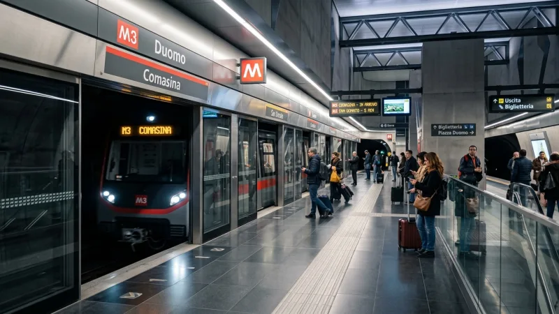 Use Contactless Tap-In for Metro Trains 1 A modern metro station platform in Milan with an incoming sleek train.