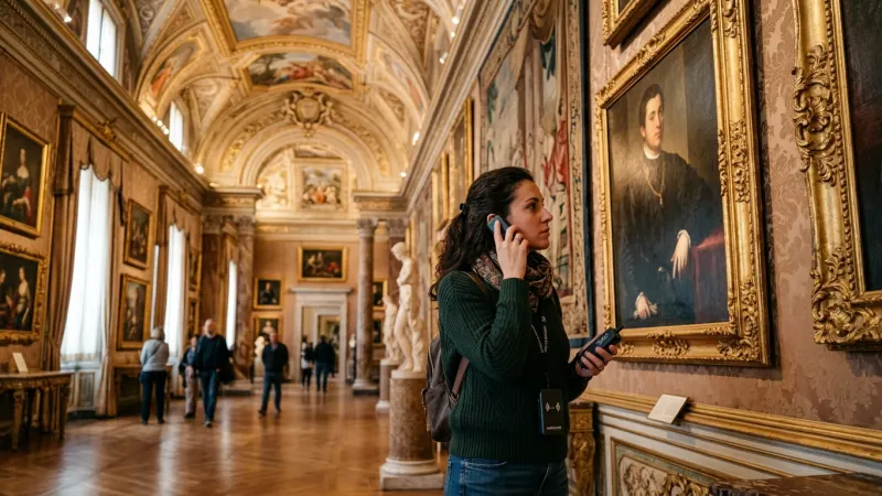 Use the Family-Narrated Audio Guide 5 A visitor listening to an audio guide inside an ornate baroque museum room.