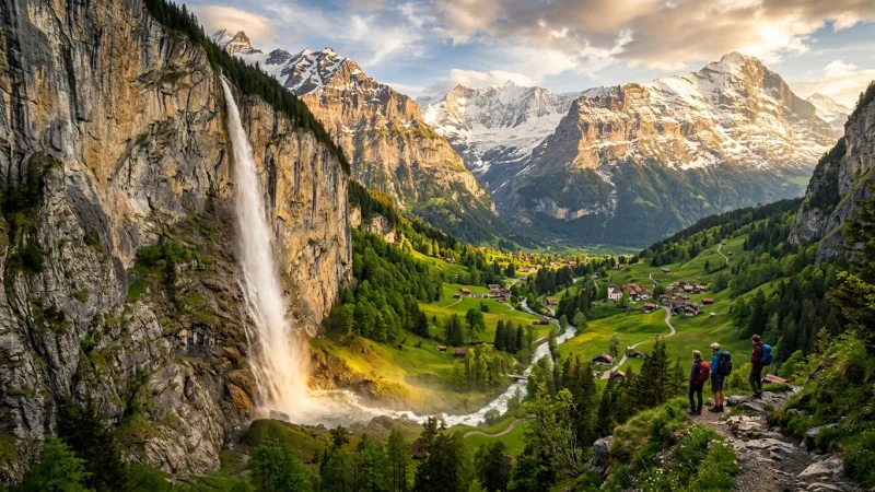 Visit During Peak Spring Melt for Maximum Volume 1 Powerful Staubbach Falls cascading down a massive cliff during spring runoff in Lauterbrunnen.