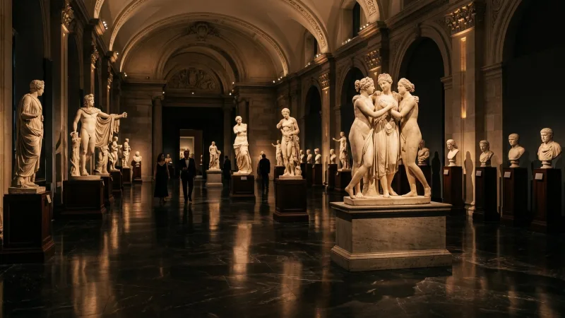 Visit Major Museums on Friday Evenings 11 Quiet museum hallway lit warmly at night with classical marble statues.