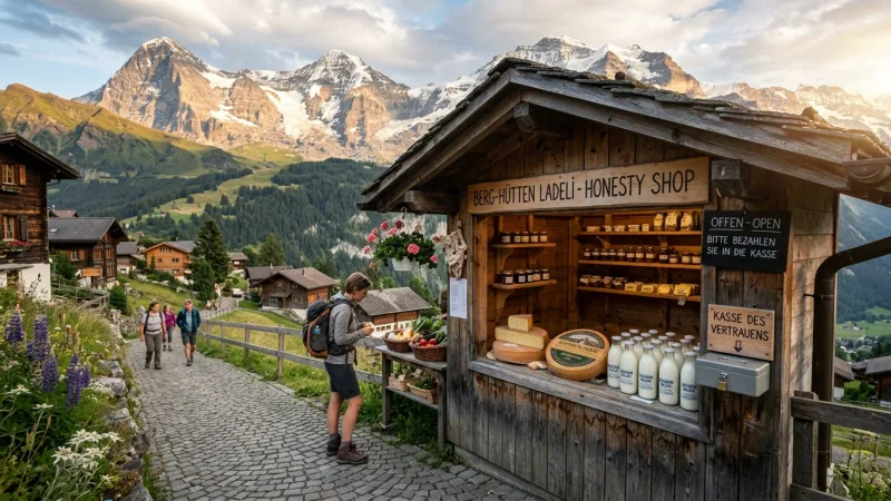 Walk the Downhill Trail to Gimmelwald's Honesty Shops 1 Traditional Swiss chalet honesty shop with local cheese and cured meats for sale against an alpine vista.