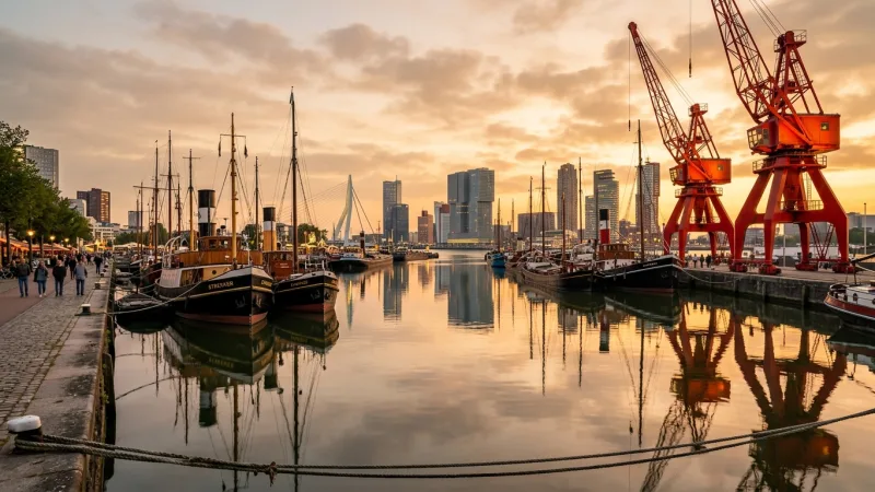 Walk the Open-Air Leuvehaven Dockyard 4 Historic ships and industrial red cranes along the water in Leuvehaven dockyard, Rotterdam.