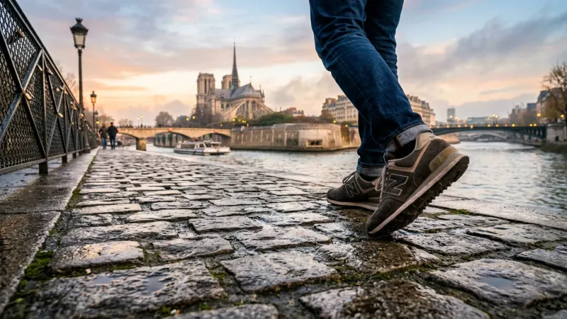 Wear Flat Footwear for Granite Cobblestones 1 Feet in comfortable sneakers walking across historic cobblestones along a riverwalk.