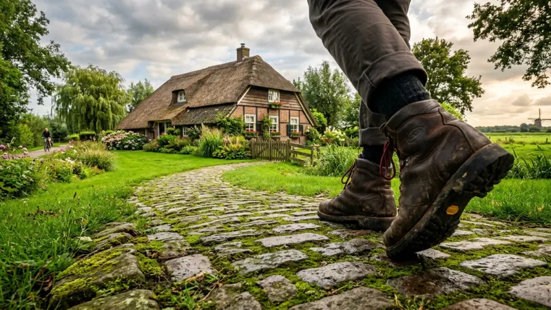Wear Sturdy Footwear for Varied Historical Terrains 1 Walking boots on an authentic cobblestone path leading toward a traditional Dutch thatched house.