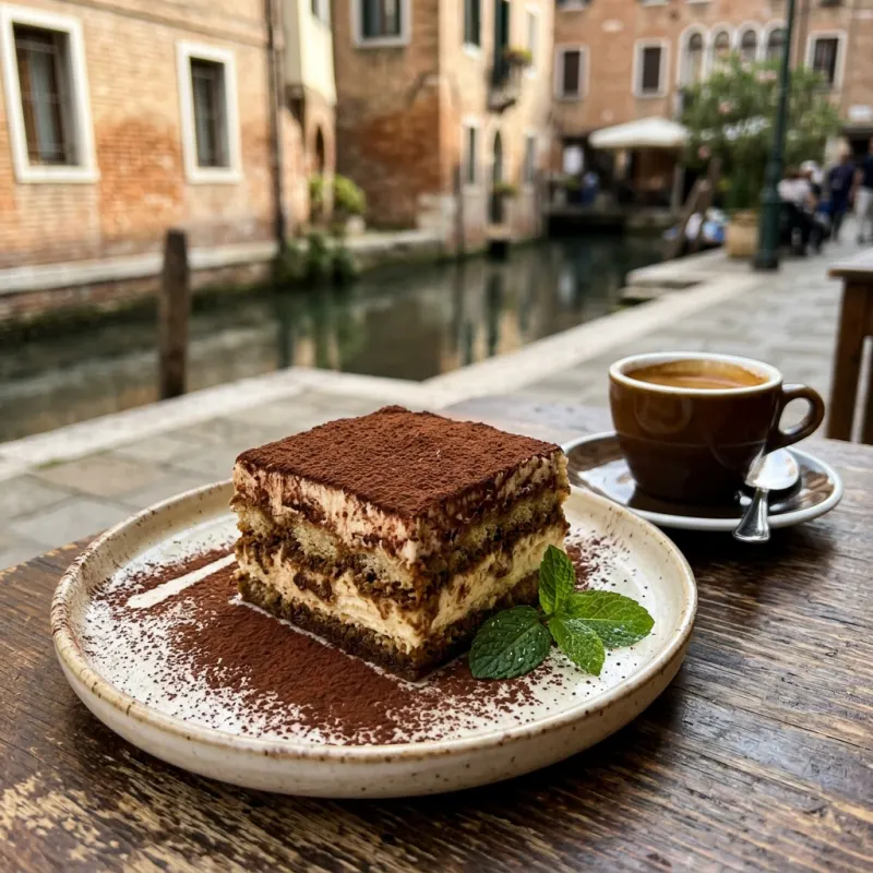 A slice of traditional Tiramisu dessert with an espresso cup by a canal in Treviso