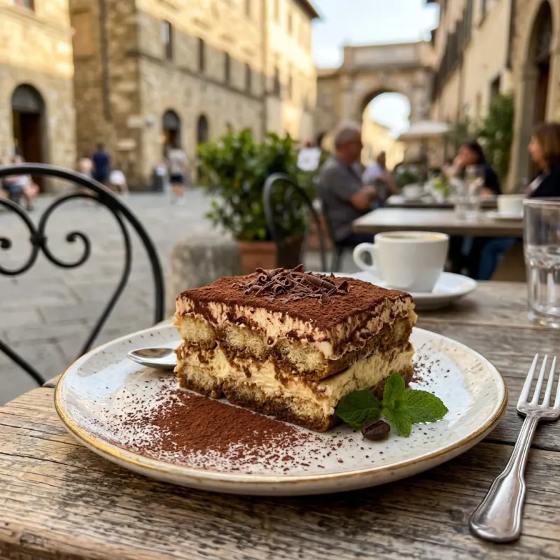 A slice of authentic Tiramisu dusted with cocoa powder