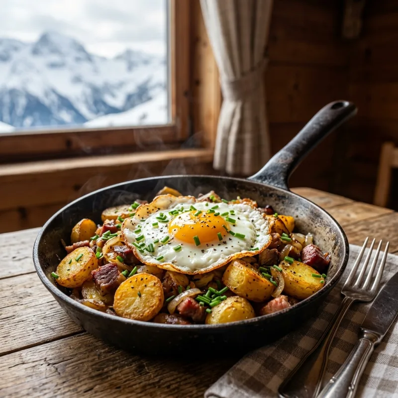 A traditional pan of Tiroler Gröstl with a fried egg