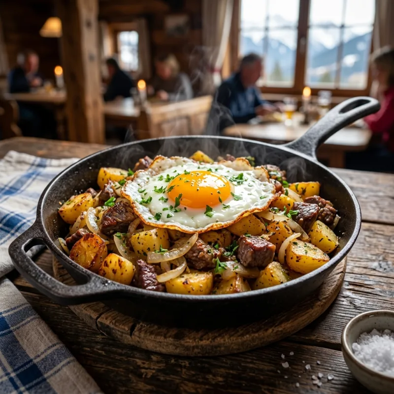 A cast-iron pan of traditional Tiroler Gröstl topped with a fried egg