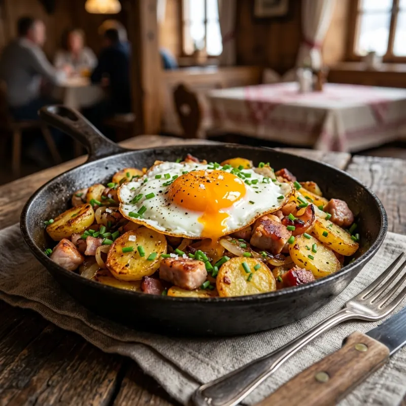 A cast-iron skillet of Tiroler Gröstl topped with a fried egg