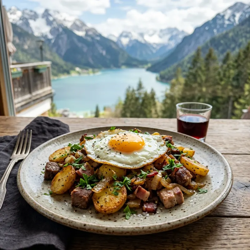 A traditional pan of Tiroler Gröstl with a fried egg on top