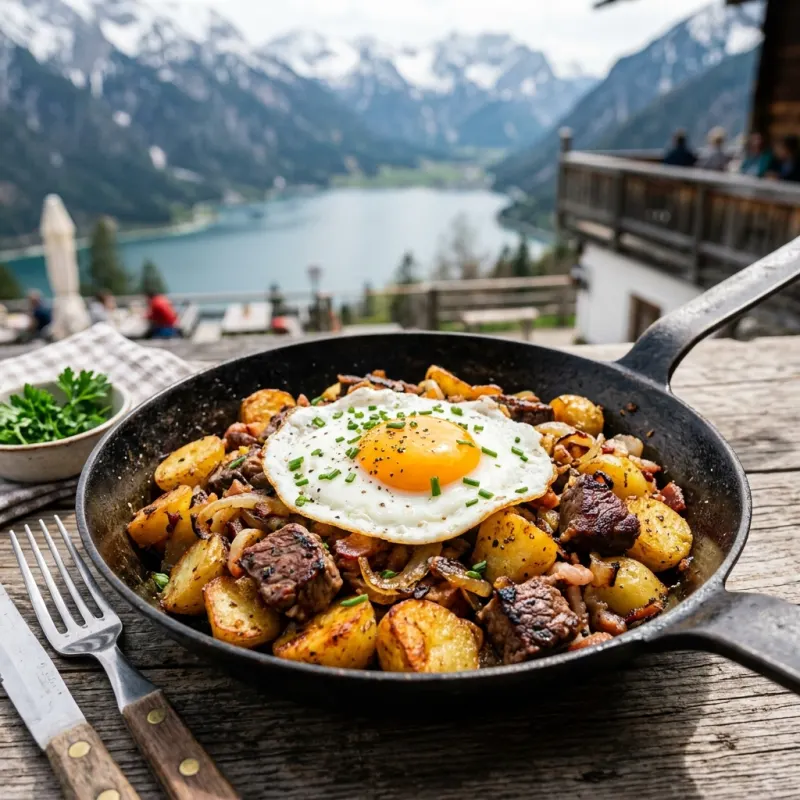 A cast iron pan of Tiroler Gröstl topped with a fried egg