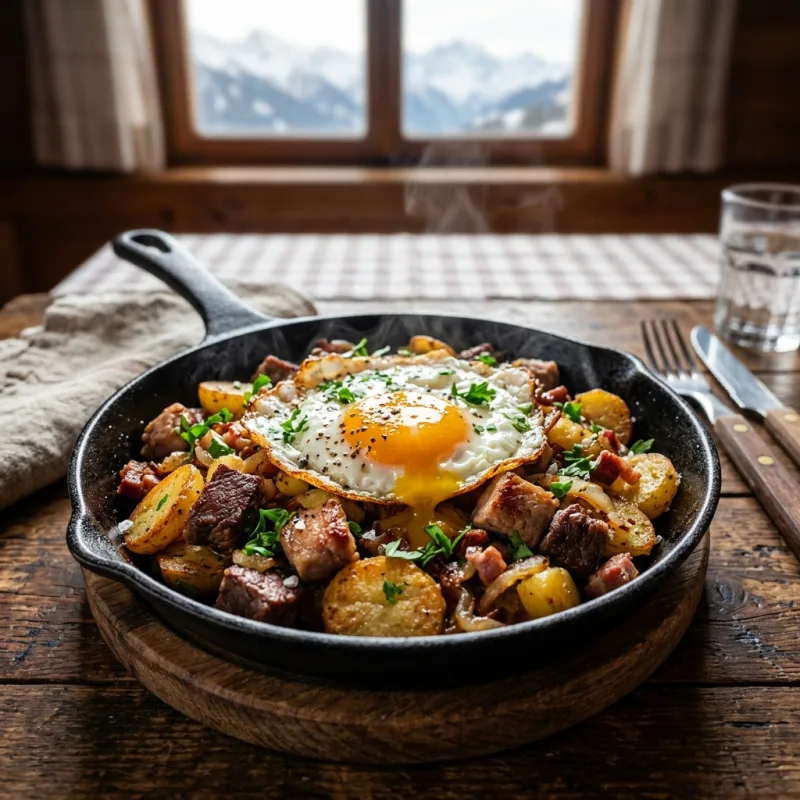 A traditional pan of Tiroler Gröstl with a fried egg on top
