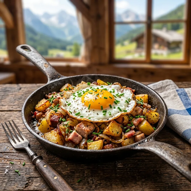 A cast iron pan of Tiroler Gröstl with a fried egg on top