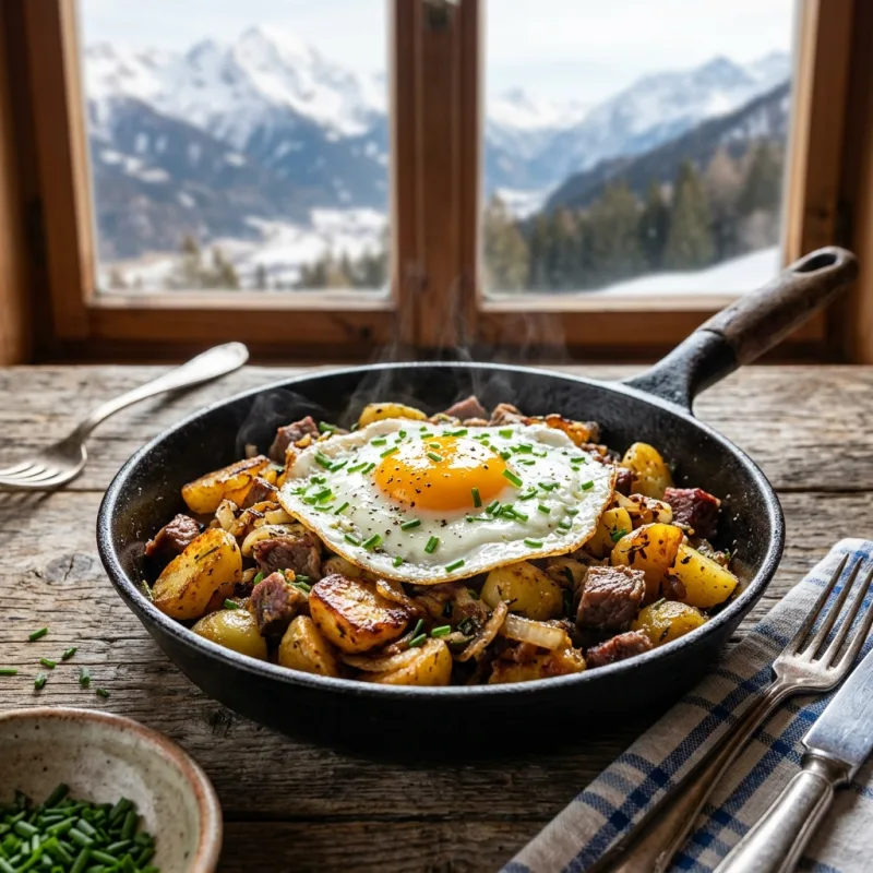 A cast-iron skillet of Tiroler Gröstl topped with a fried egg