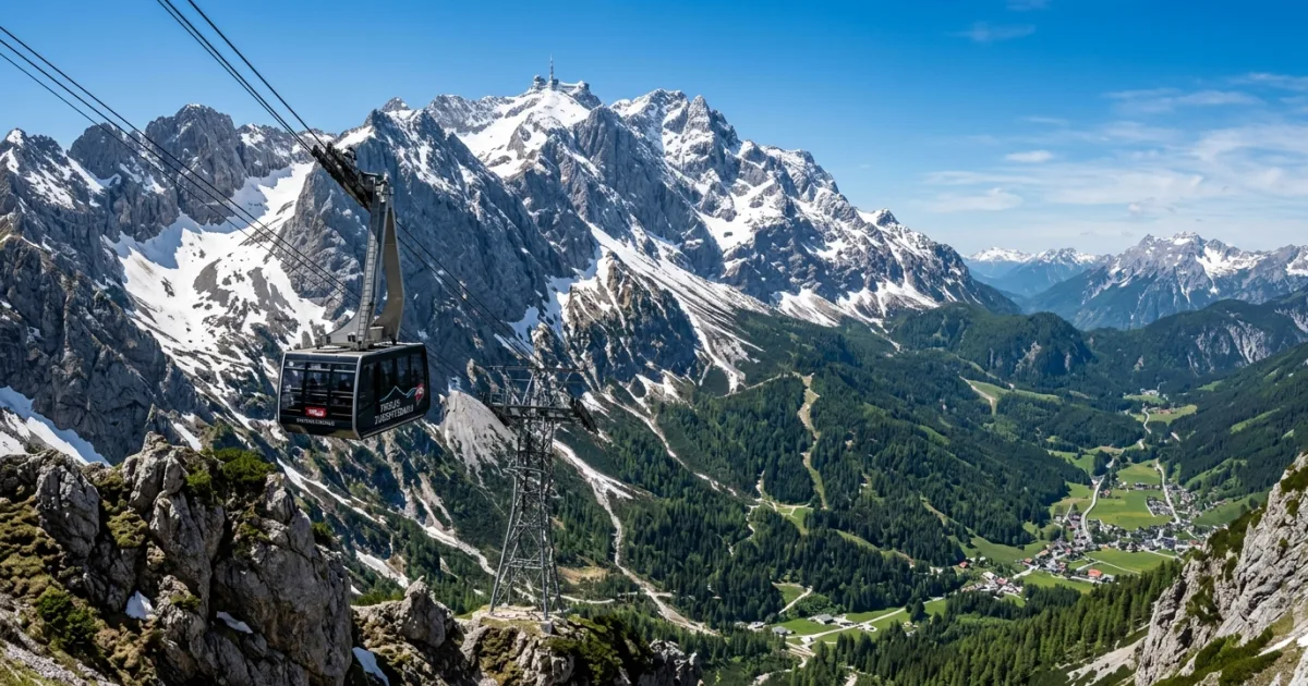 Tiroler Zugspitzbahn cable car ascending the mountain