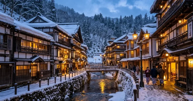 Tohoku 6 Snow-covered traditional wooden ryokans illuminated at twilight in Ginzan Onsen, Tohoku