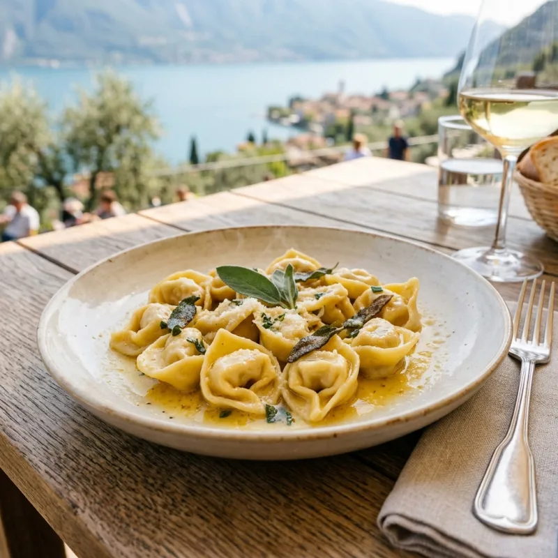 A plate of traditional Tortellini di Valeggio with butter and sage