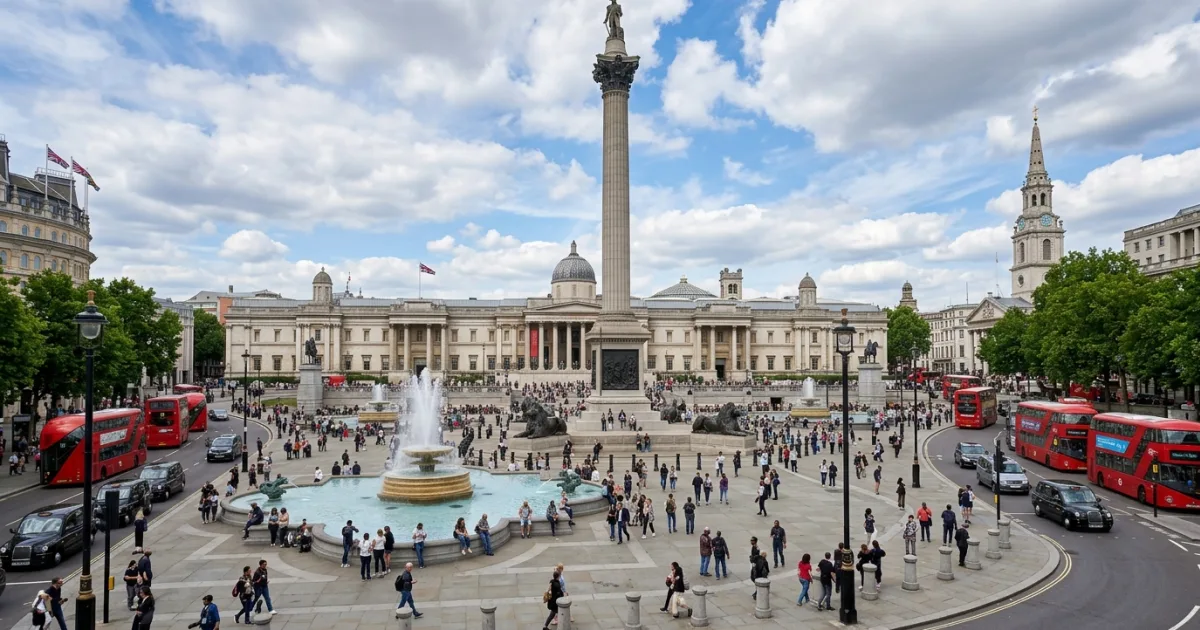 Wide view of Trafalgar Square featuring Nelson's Column and the National Gallery in London