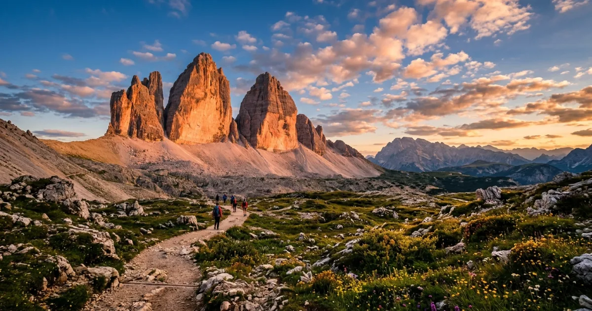 Travel Guides 7 The three peaks of Tre Cime di Lavaredo glowing at sunset