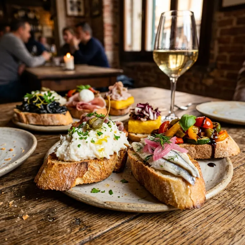 A selection of traditional Venetian cicchetti on a wooden table