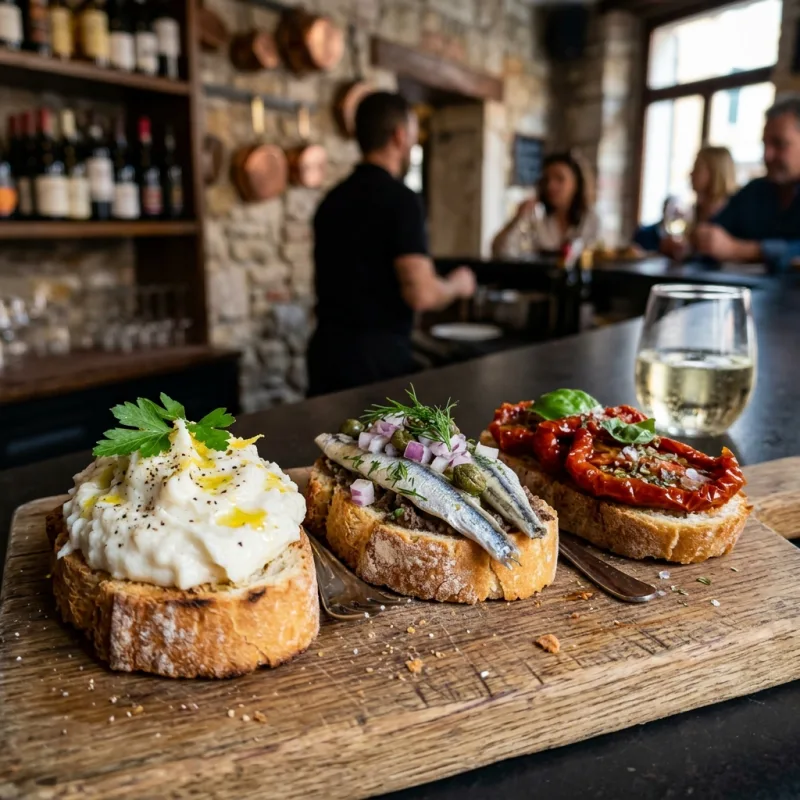 A wooden board filled with various Venetian cicchetti and a glass of white wine