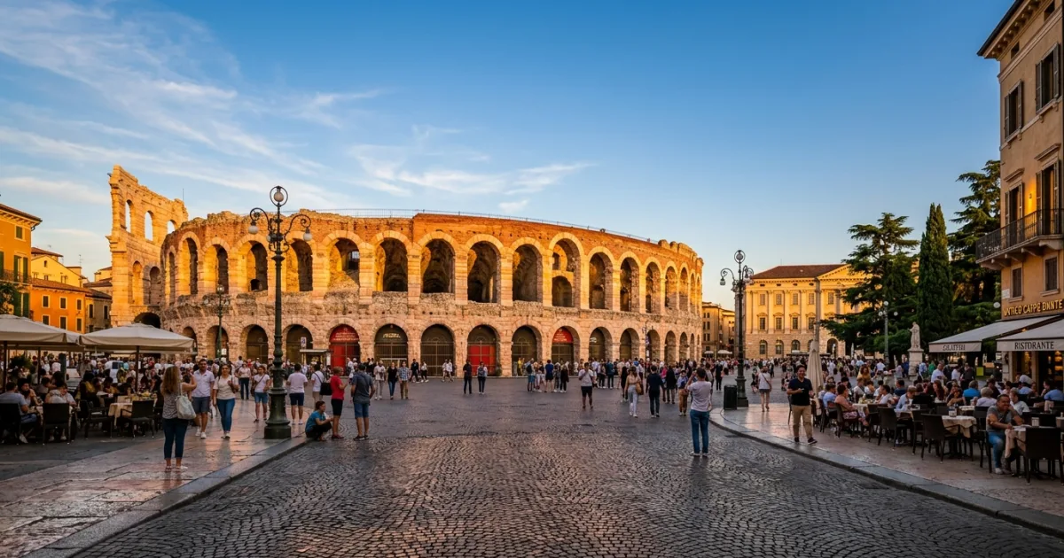 Exterior view of the ancient Verona Arena at golden hour in Piazza Bra