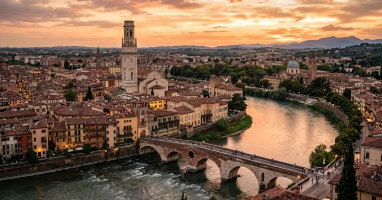 Verona 7 Panoramic view of Verona at sunset featuring the Adige River and Ponte Pietra
